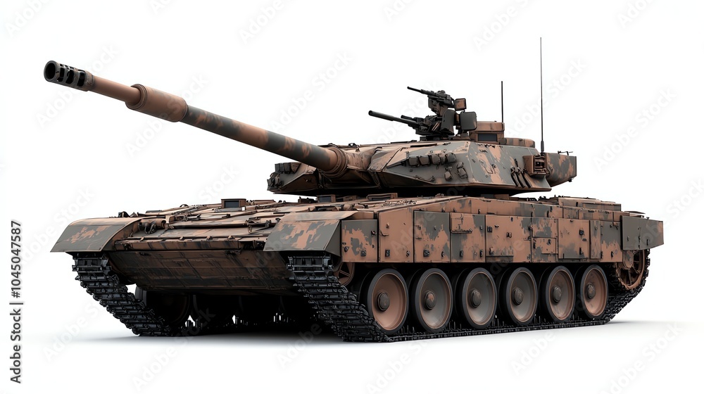 A military tank with a camouflage pattern. A military tank with a camouflage pattern.