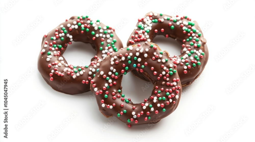 Festive chocolate-covered pretzels with holiday sprinkles and icing, isolated on white background Festive chocolate-covered pretzels with holiday sprinkles and icing, isolated on white background