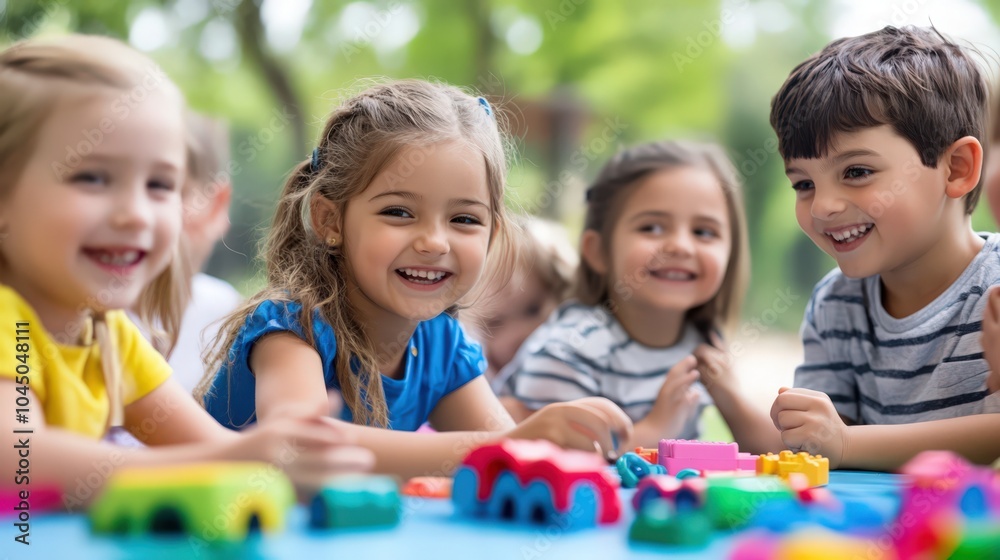 Group of children playing toy blocks Group of children playing toy blocks
