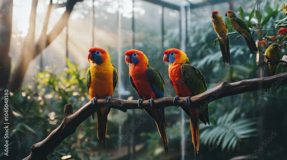 Obraz premium Exotic birds in bright colors perched in a spacious aviary, displaying their unique feathers and behaviors