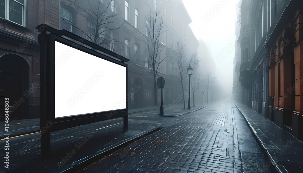 Fototapeta premium A serene cityscape the stillness of an empty street with a blank billboard in the fog evoking a sense of mystery and anticipation in an urban setting