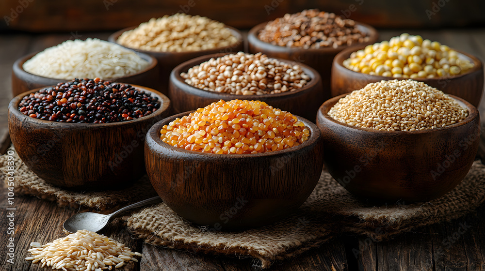 Six Wooden Bowls Filled with Various Grains and Seeds, Featuring a Rustic Display of Natural Ingredients Used in Healthy and Organic Cooking.
Six Wooden Bowls Filled with Various Grains and Seeds, Featuring a Rustic Display of Natural Ingredients Used in Healthy and Organic Cooking.