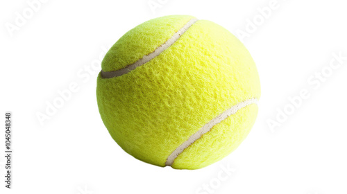 A close-up view of a vibrant yellow tennis ball resting on a clean white background