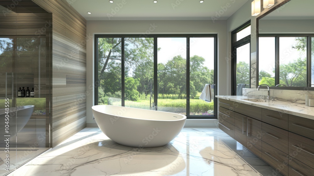 Fototapeta premium Modern Bathroom with Luxurious Bathtub and Stunning View