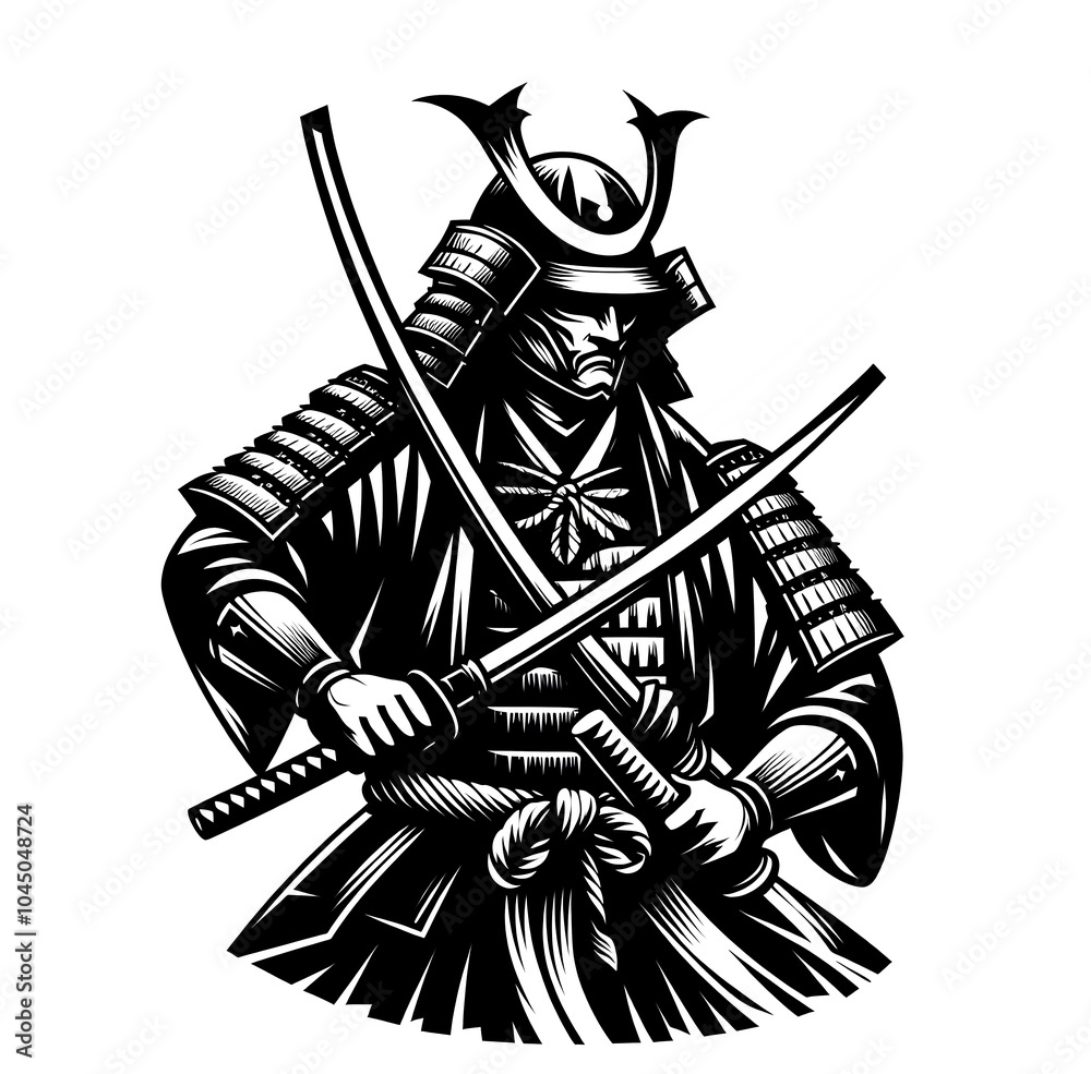 Isolated black and white vector illustration of a samurai warrior on a ...