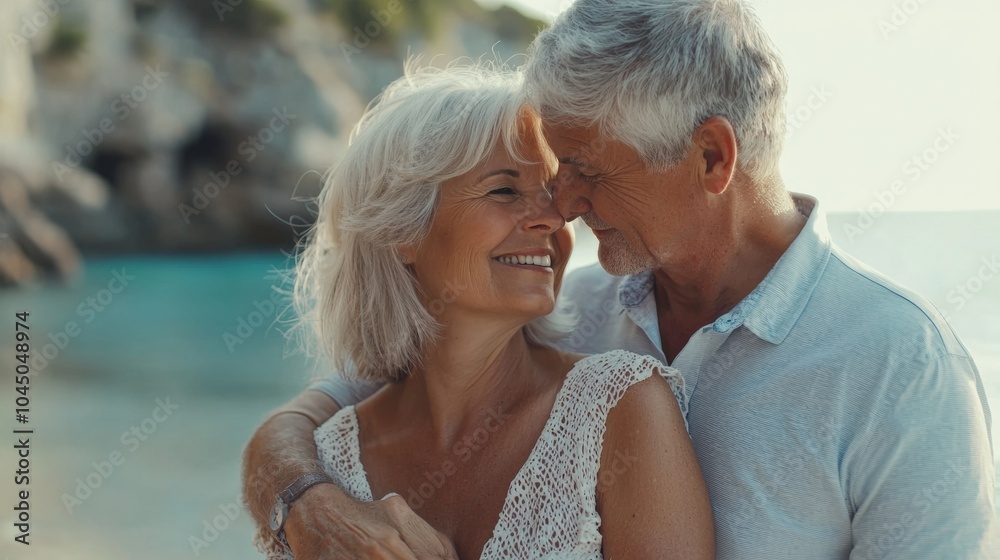 Smiling romantic senior couple in sunglasses at beach Smiling romantic senior couple in sunglasses at beach