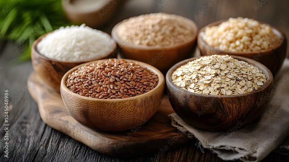 Six Wooden Bowls Filled with Various Grains and Seeds, Featuring a Rustic Display of Natural Ingredients Used in Healthy and Organic Cooking.
