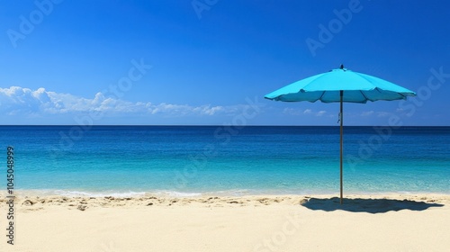 Serene Beach with Blue Umbrella and Clear Sky