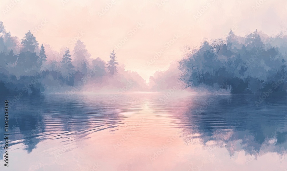 Misty morning, still lake, reflection of trees. Misty morning, still lake, reflection of trees.