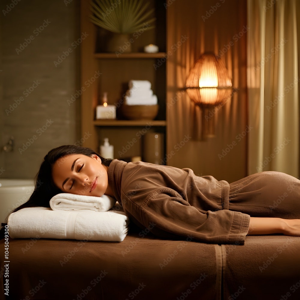 Calm Spa Setting with a Relaxed Woman Enjoying Peaceful Wellness Calm Spa Setting with a Relaxed Woman Enjoying Peaceful Wellness
