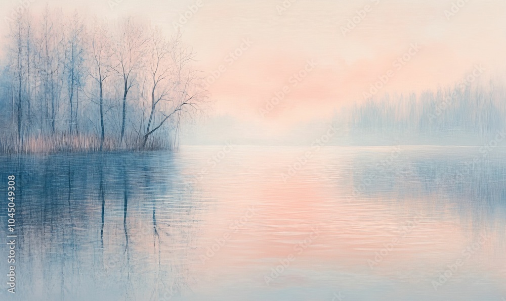 Silhouetted trees reflected in a still lake at dawn.