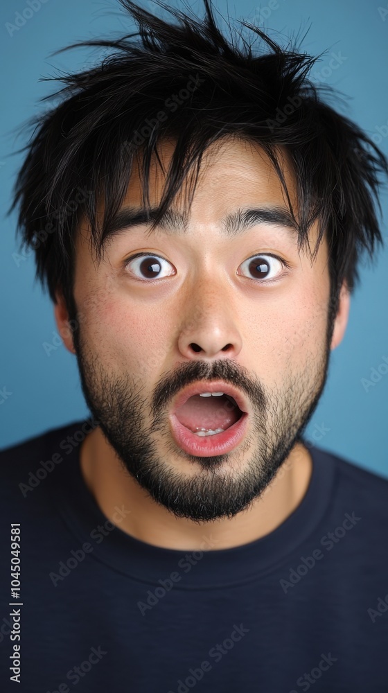 青い背景に口を開けて驚く男性 青い背景に口を開けて驚く男性
