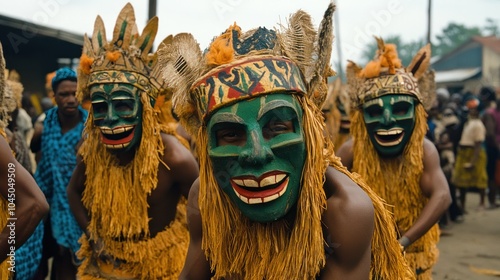 Igbo masquerade dance festivals, vibrant events where masked dancers perform to honor ancestral spirits and celebrate the harvest photo