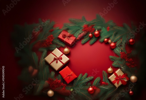 A red background with a Christmas wreath composed of evergreen branches, red and gold baubles, and wrapped gifts.