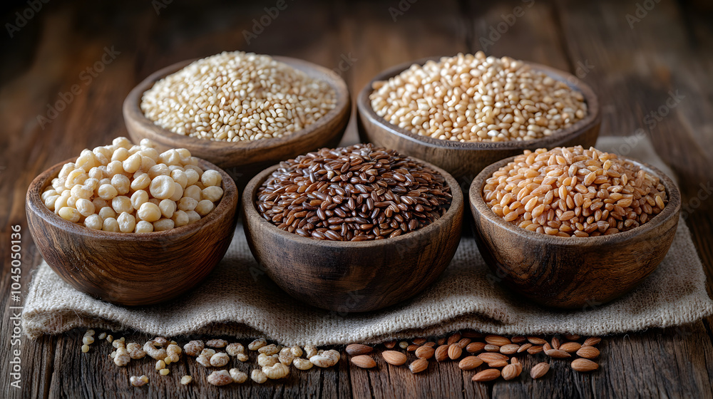 Six Wooden Bowls Filled with Various Grains and Seeds, Featuring a Rustic Display of Natural Ingredients Used in Healthy and Organic Cooking.
Six Wooden Bowls Filled with Various Grains and Seeds, Featuring a Rustic Display of Natural Ingredients Used in Healthy and Organic Cooking.