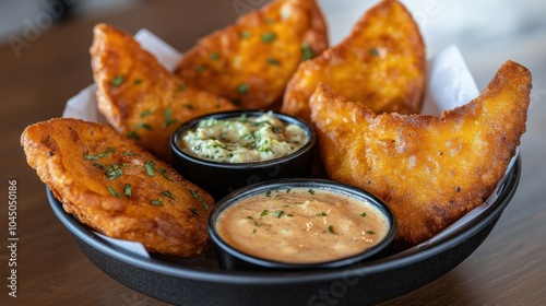 Appetitliche frittierte Empanadas mit pikanten Dip-Saucen für kulinarische Genüsse und Food-Fotografie photo