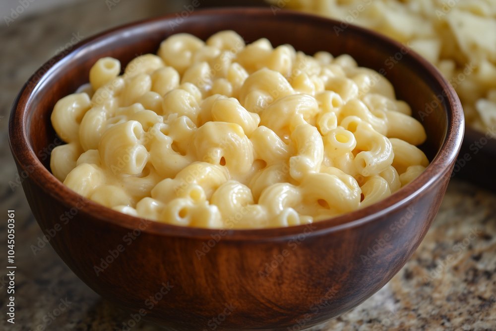 A bowl of creamy macaroni and cheese is served on the table A bowl of creamy macaroni and cheese is served on the table