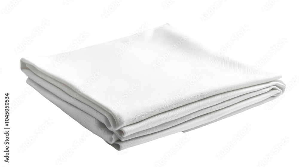Freshly folded white linen cloth resting elegantly on a smooth table surface in natural light Freshly folded white linen cloth resting elegantly on a smooth table surface in natural light