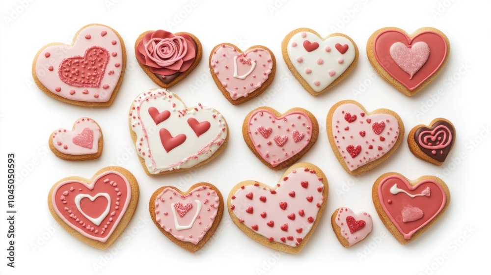Fototapeta premium Festive Valentine cookies decorated with hearts, roses, and love messages, isolated on white background