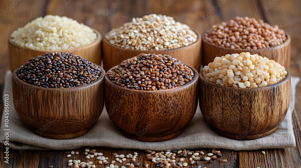 Six Wooden Bowls Filled with Various Grains and Seeds, Featuring a Rustic Display of Natural Ingredients Used in Healthy and Organic Cooking.
Six Wooden Bowls Filled with Various Grains and Seeds, Featuring a Rustic Display of Natural Ingredients Used in Healthy and Organic Cooking.