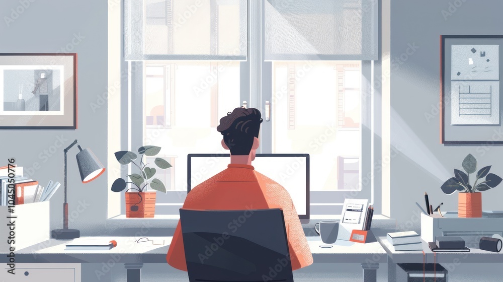 Fototapeta premium Man Working at Desk by Window