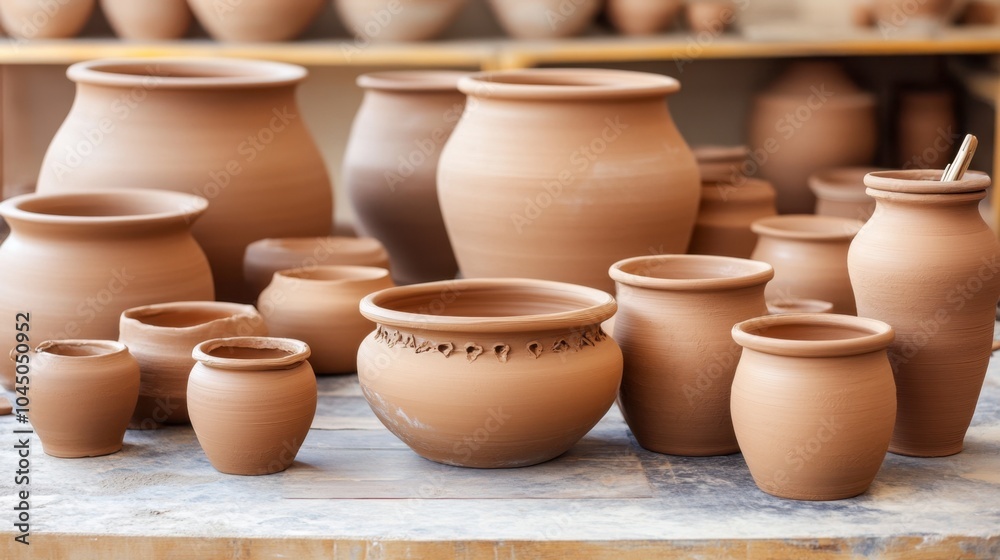 Various Clay Pots in Artisan Workshop Setting