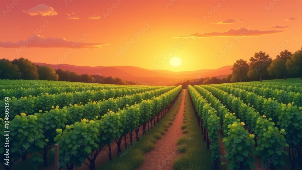 Fototapeta premium Breathtaking Sunset Over Organic Vineyard Emphasizing Sustainable Agriculture