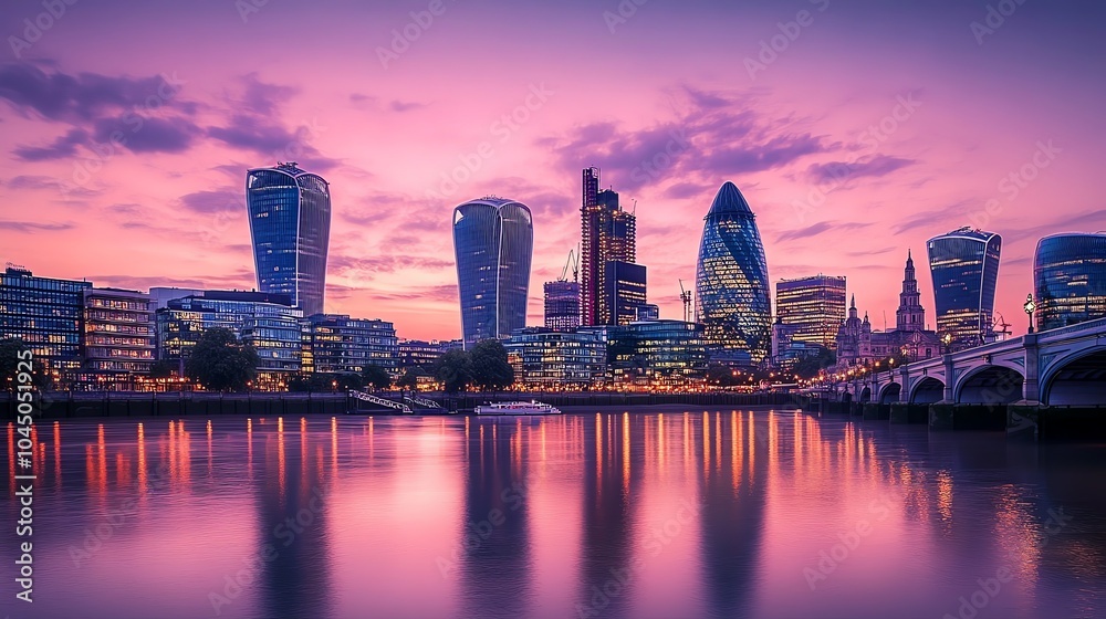 A view of London's skyline at dusk, with the Shard in the center. A view of London's skyline at dusk, with the Shard in the center.