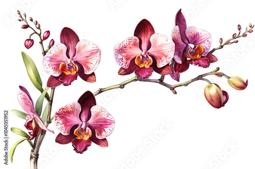 Watercolor illustration of a branch of blooming burgundy orchid on white background