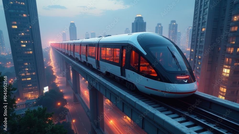 Fototapeta premium High-Tech Monorail System Travel Through Glowing Urban Nightscape