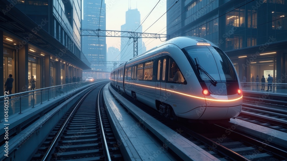 Fototapeta premium Futuristic Urban Railway: Illuminated Train in a Modern City