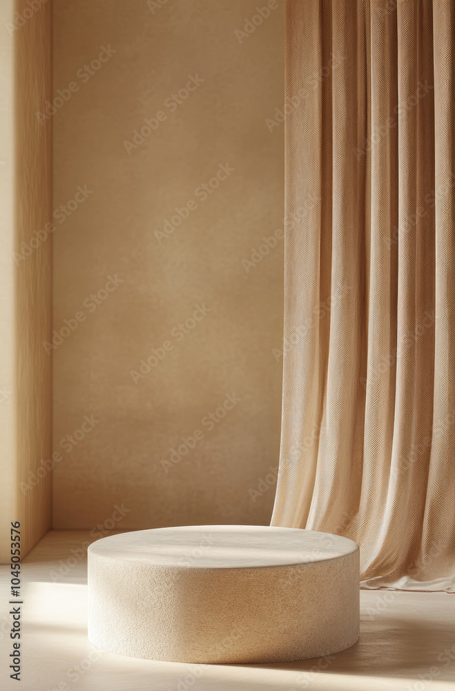 Soft and Inviting 3D Rendered Podium with Beige Curtains for a Gentle Touch Soft and Inviting 3D Rendered Podium with Beige Curtains for a Gentle Touch