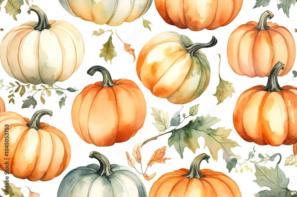 Watercolor Pumpkins and Autumn Leaves Seamless Pattern on White Background