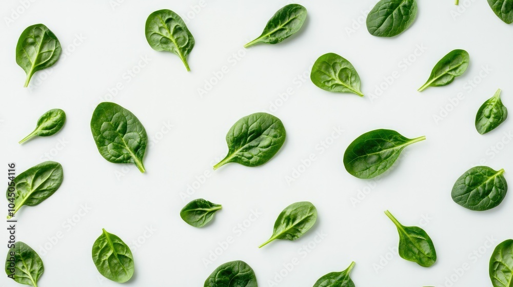 A flat-lay of spinach leaves scattered across a clean white background, emphasizing their crisp and healthy appearance. A flat-lay of spinach leaves scattered across a clean white background, emphasizing their crisp and healthy appearance.