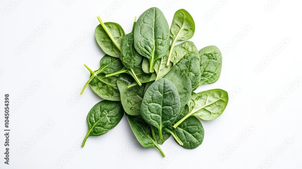 A pile of fresh spinach leaves on a white background, creating a simple yet vibrant scene that highlights their health benefits.