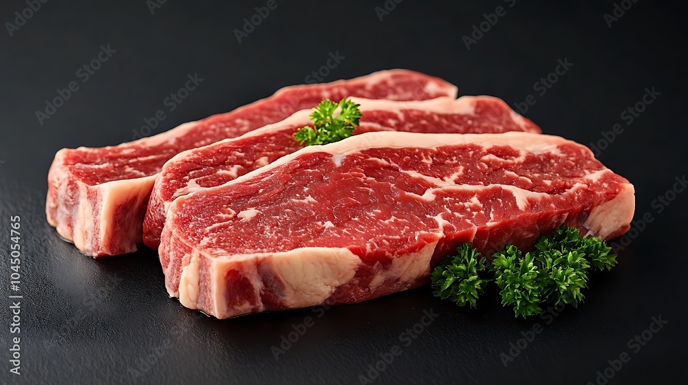 Raw Beef Steaks with Parsley on a Black Background Raw Beef Steaks with Parsley on a Black Background