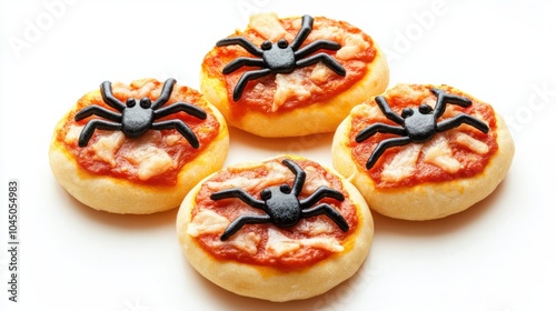 Halloween mini pizzas with spider-shaped toppings, spooky and tasty, isolated on white background