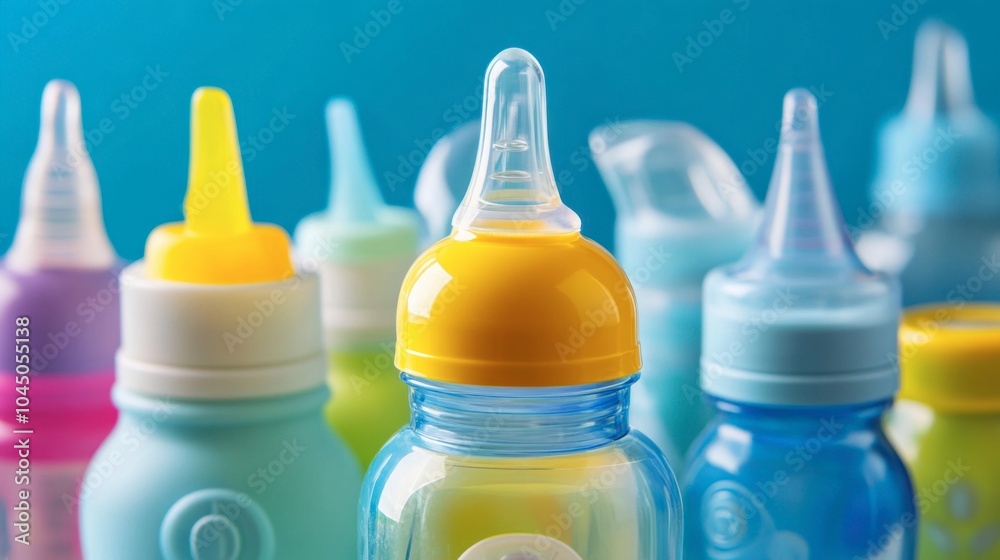 Colorful Baby Bottles in Soft Focus Background Colorful Baby Bottles in Soft Focus Background