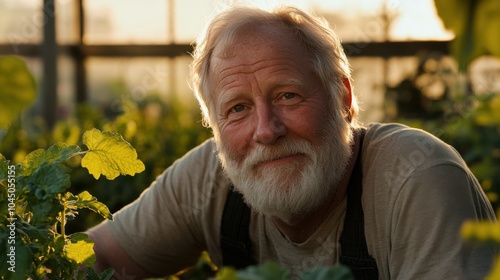 Älterer Gärtner im Gewächshaus – Landwirtschaft, Gartenarbeit, nachhaltiges Leben, ökologische Landwirtschaft, grüne Umwelt photo