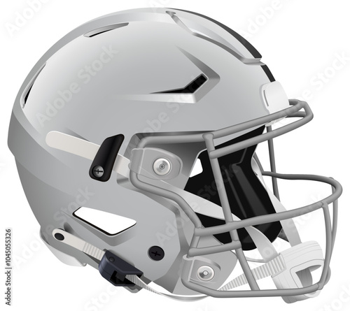 Realistic grey 3D American football helmet with black stripe. Grey mask with chin strap