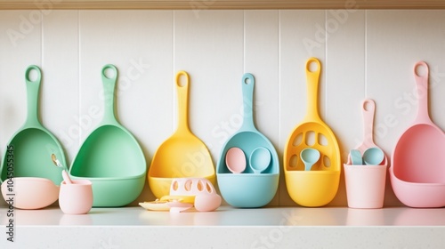 Colorful Kitchen Utensils on a Bright Shelf