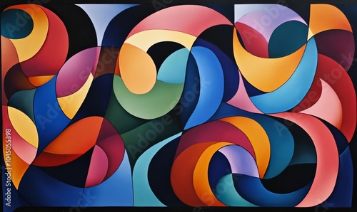 Abstract artwork with colorful curved shapes.