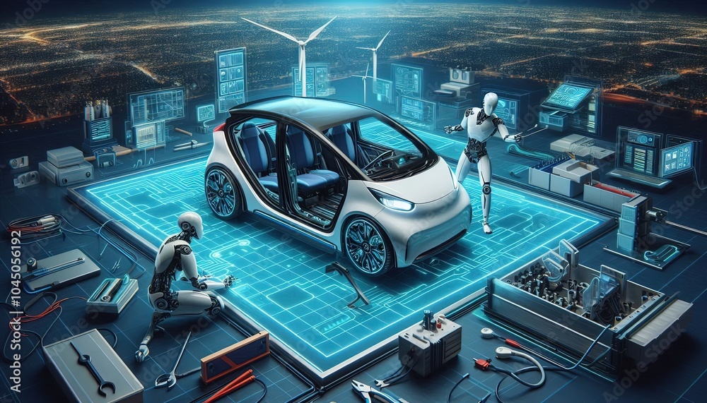 Futuristic Car Assembly with Robots. Futuristic Car Assembly with Robots.