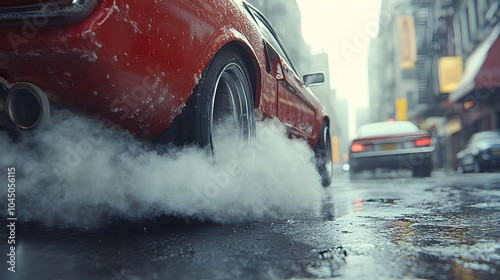 Close-Up of a Vehicle’s Exhaust Pipe with Smoke Billowing Out, Capturing the Dynamic Movement and Energy of the Engine in Action. 