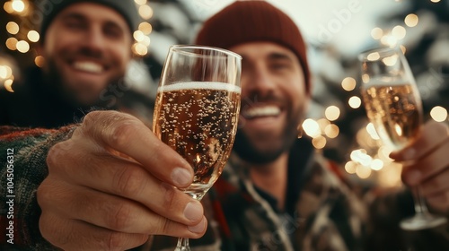 Two joyous friends raise glasses of sparkling wine, capturing an atmosphere of warmth and celebration during the enchanting wintry season with festive lights. photo