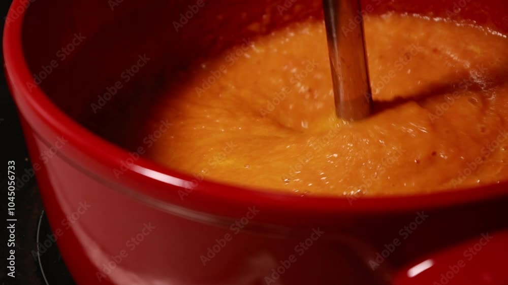 Blending Creamy Carrot Soup with Hand Blender - Close-Up Blending Creamy Carrot Soup with Hand Blender - Close-Up