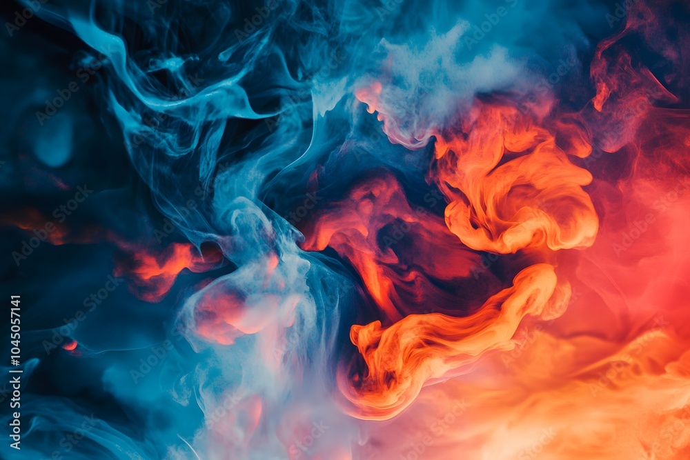 The image features a dynamic blend of colorful smoke in shades of blue and orange, swirling and intertwining against a dark background, creating an abstract masterpiece