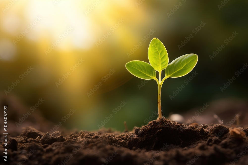 Young plant sprout grows in the soil with morning sunlight environment ecology nature. Young plant sprout grows in the soil with morning sunlight environment ecology nature.