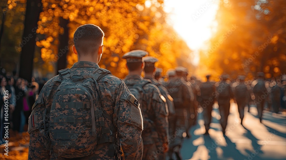 Veterans Day Parade March, including military members and veterans walking in a parade with copy space