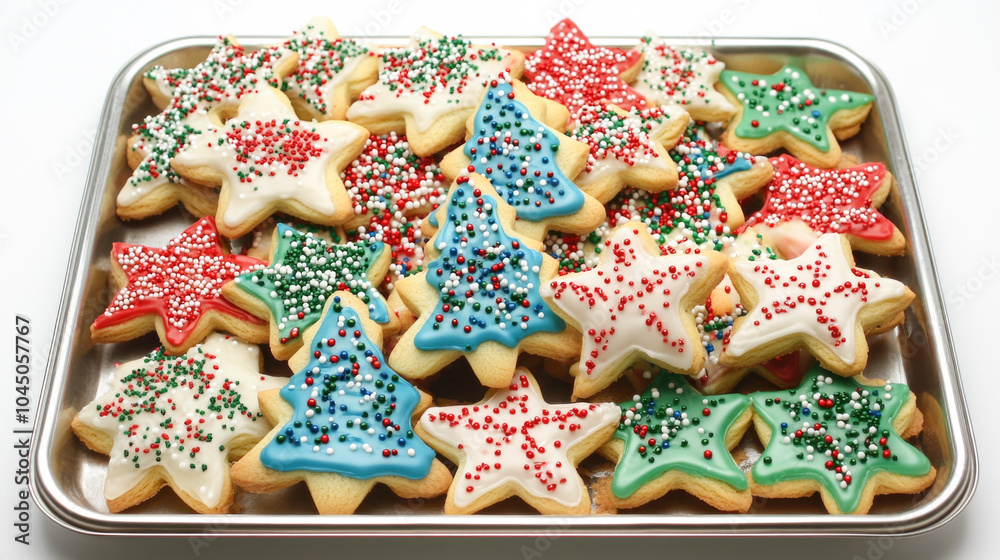Colorful christmas cookies on tray with festive icing and sprinkles Colorful christmas cookies on tray with festive icing and sprinkles